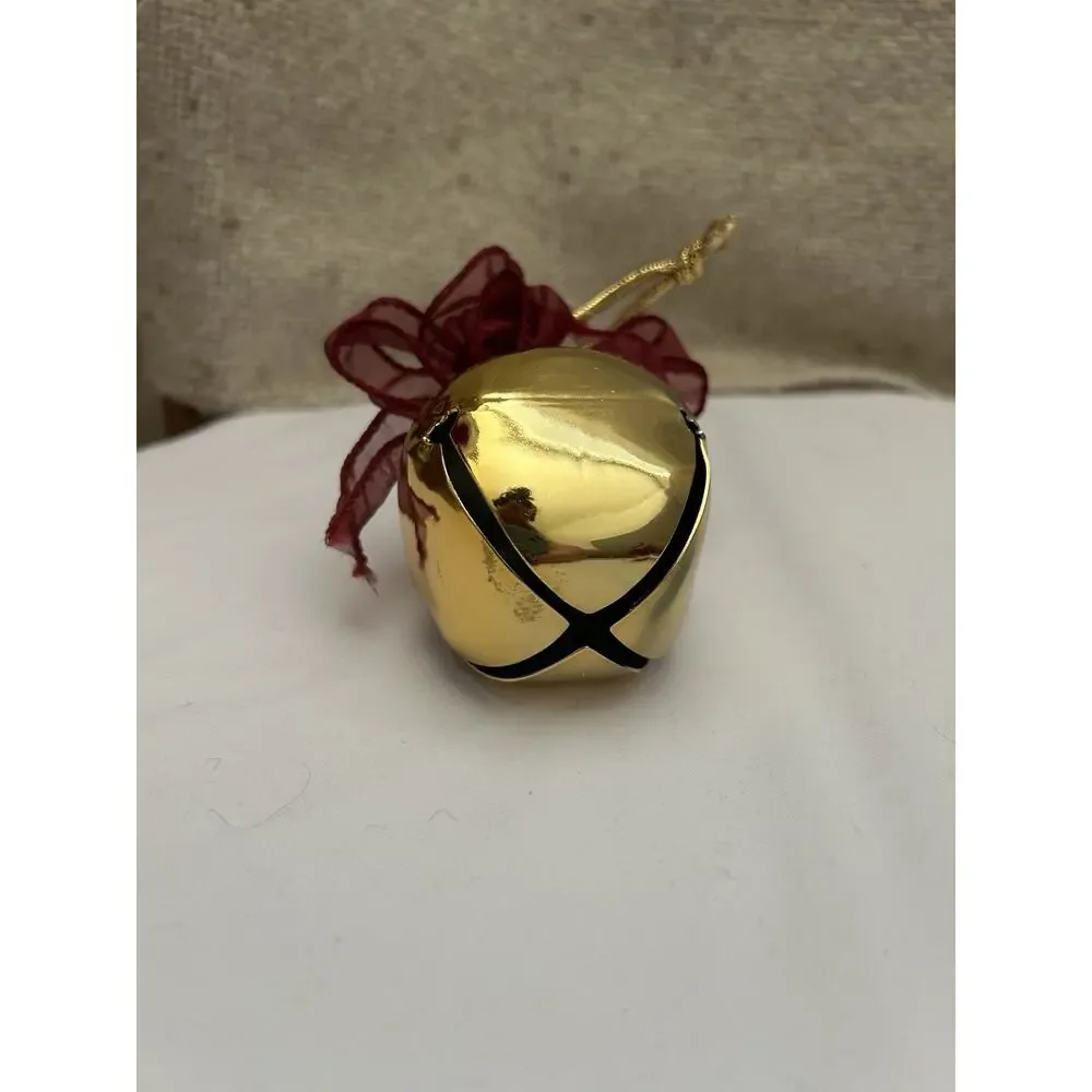 NWT Pottery Barn Jingle Bell Gold Brass With Red Bow Ornament 3